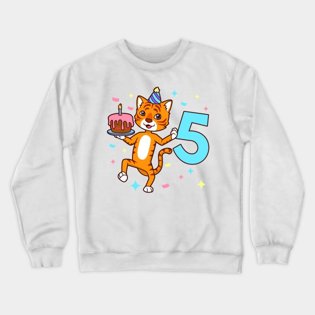 I am 5 with tiger - boy birthday 5 years old Crewneck Sweatshirt by Modern Medieval Design